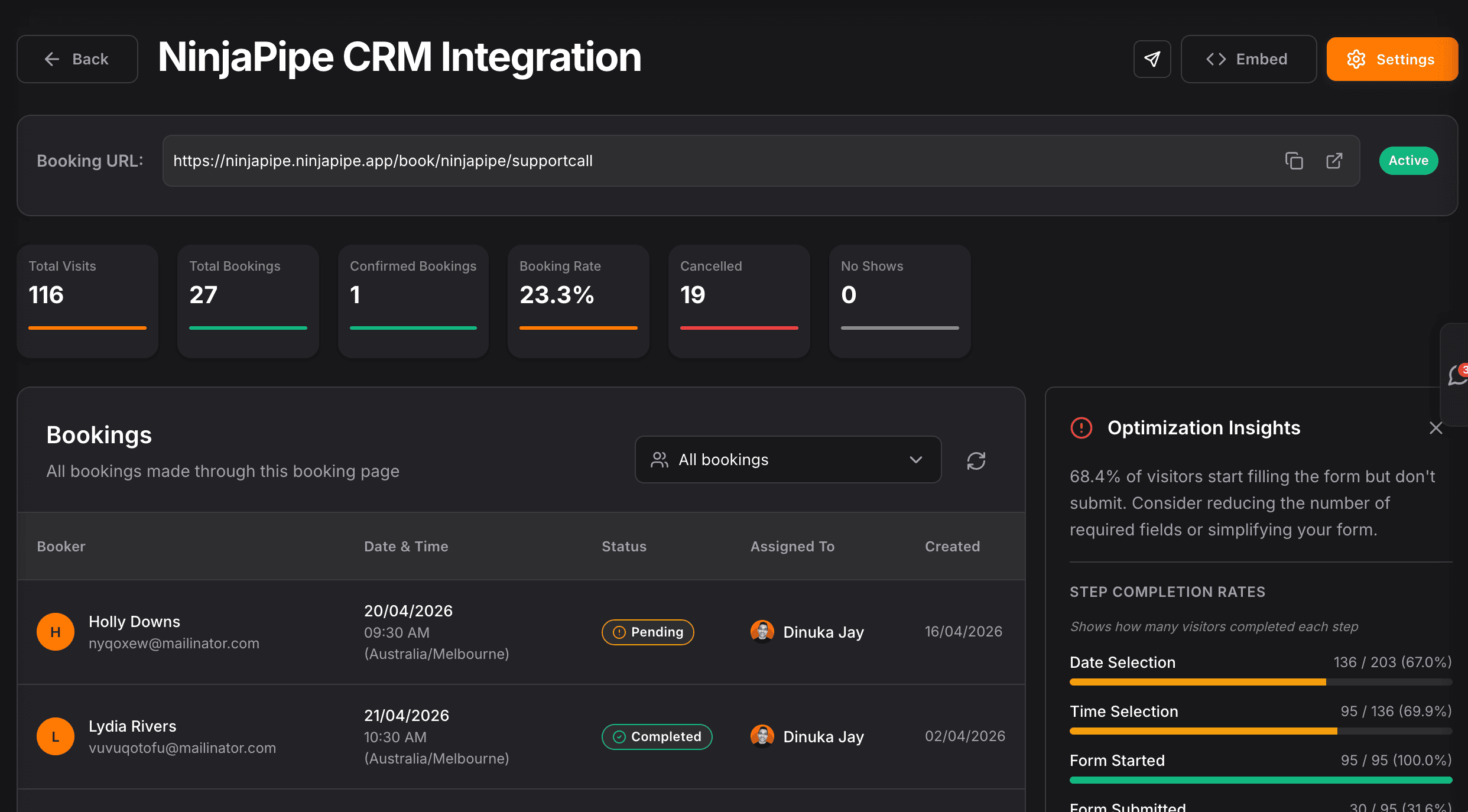 NinjaPipe booking pages and scheduling