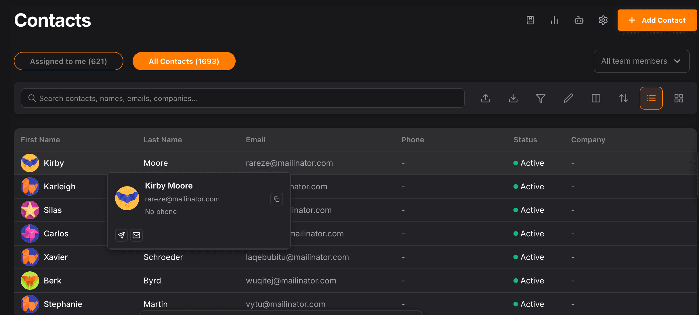 NinjaPipe contacts, table, filters, and search