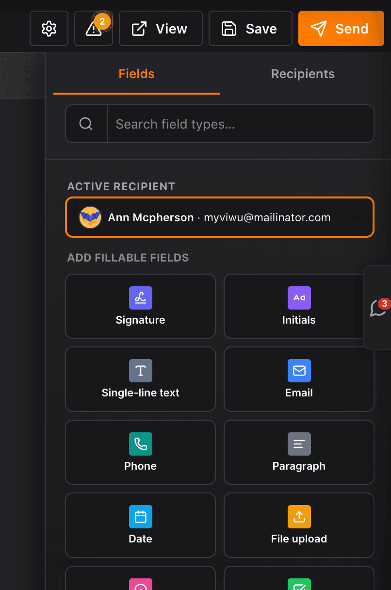 Ninja DocSign, editor with fields and signers