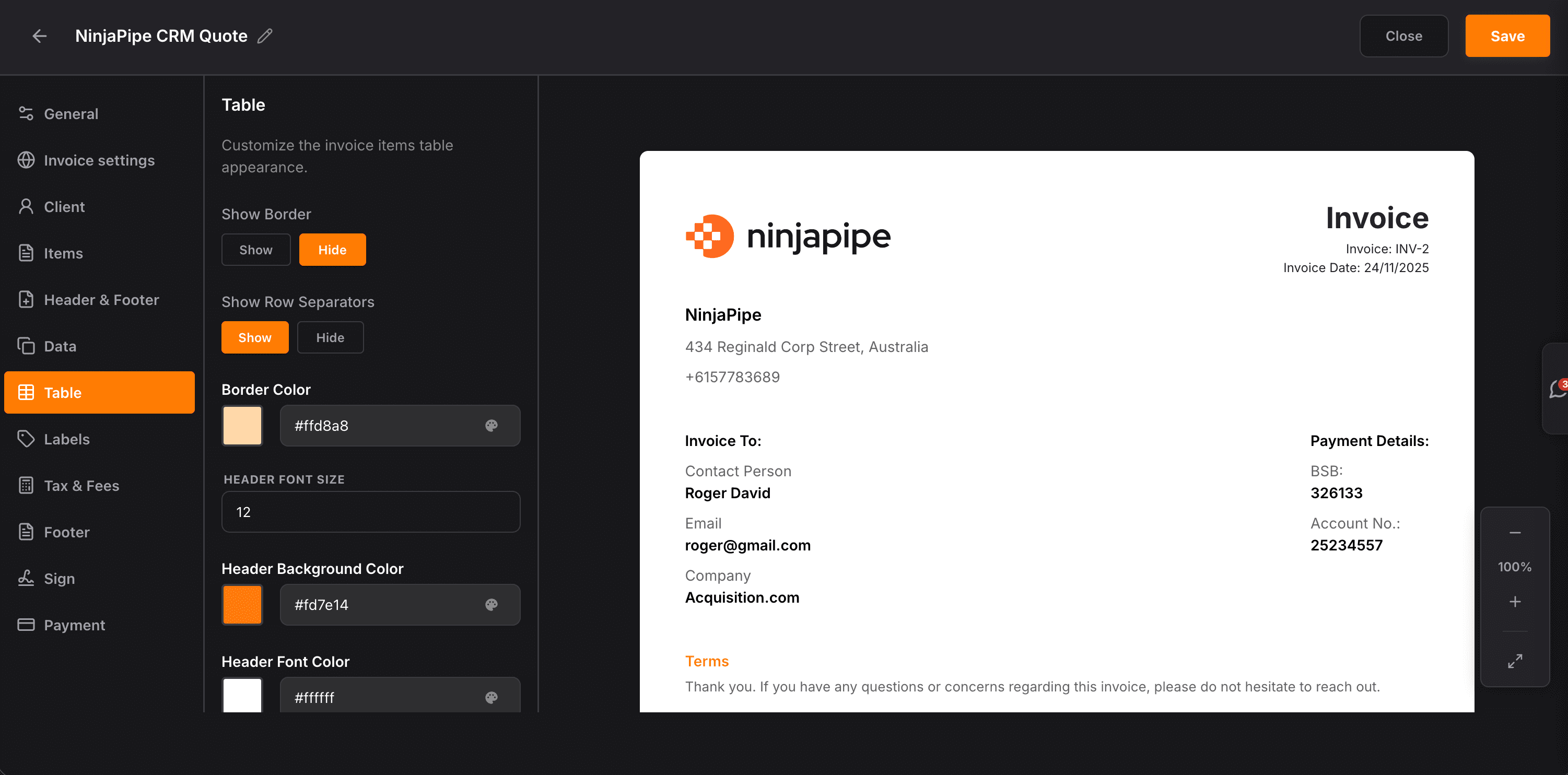 NinjaPipe invoice designer, layout, line items, and preview