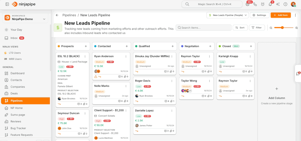 NinjaPipe pipelines, board view with stages and cards