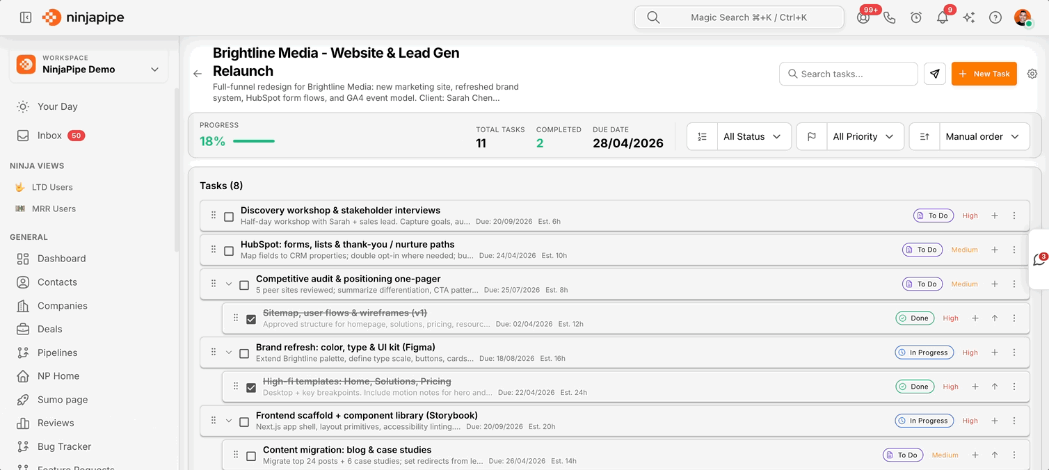 NinjaPipe tasks and projects for agency delivery teams
